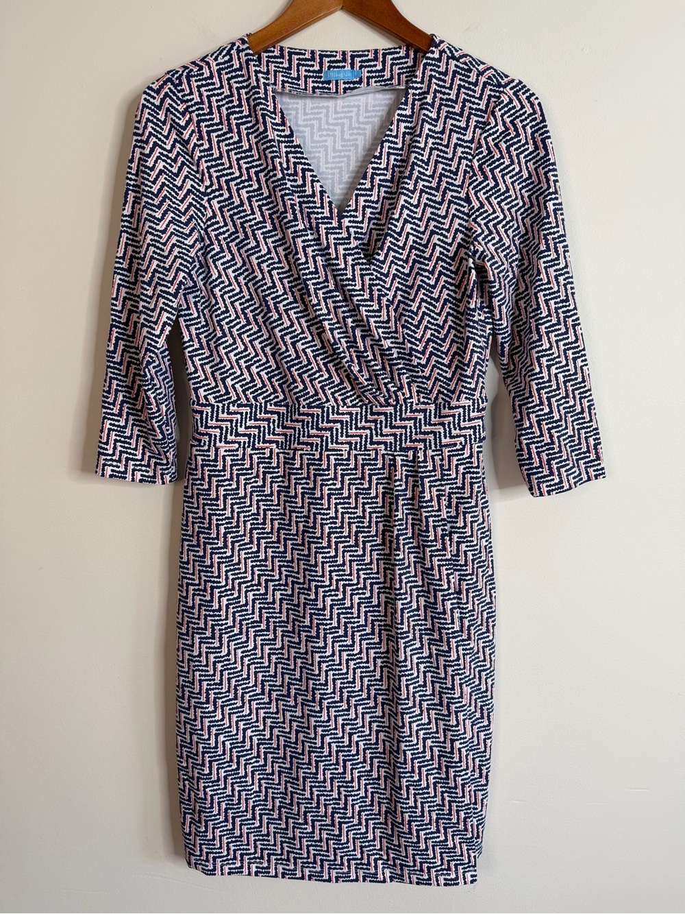 J McLaughlin Sz S Catalina Cloth Faux Wrap Dress 3/4 Sleeve Blue Red Stretch